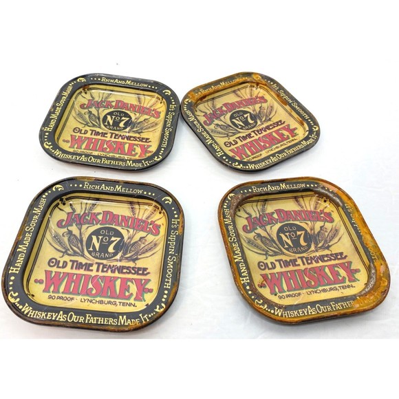 Jack Daniels No. 7 Whiskey Metal Costers Set Of 4, Vtg. Barware - Picture 1 of 10